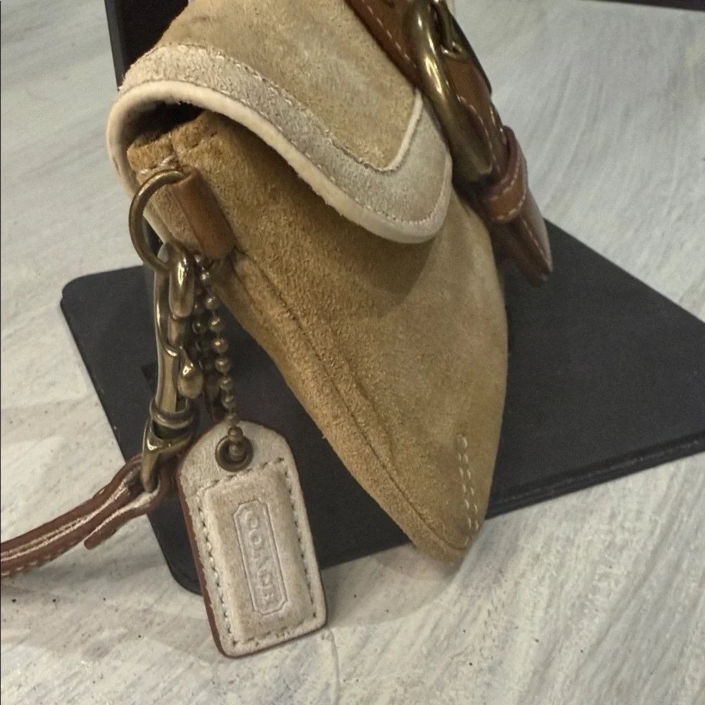 Vintage Coach Legacy Tan and Brown Suede Wristlet with Gold Hardware